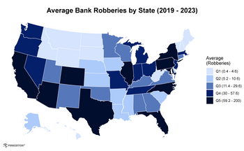 united states map depicting average bank robberies by state from 2019-2023