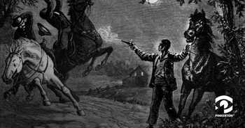 black and white illustration of John Scobell with his horse and two Confederate soldiers falling off of their horses in battle