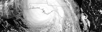 black-and-white satellite image of hurricane michael