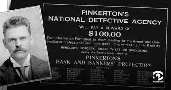 photograph of Lawrence Farrell over an advertisement by Pinkerton National Detective Agency offering $100 reward for information