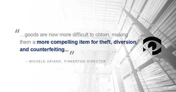 Pull quote, "goods are now more difficult to obtain, making them a more compelling item for theft, diversion, and counterfeiting." Pinkerton Director Michele Ariano.