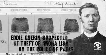 Graphic showing fingerprints and arrest photo of Eddie Guerin