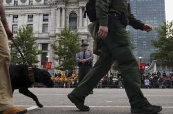 a security dog on a leash walks a parade route with its human handlers