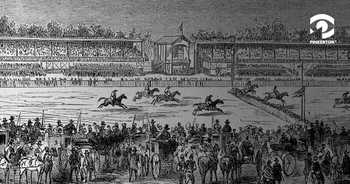 A vintage woodcut style image features a horse race in the middle distance. In the foreground, men, women, and horses stand among carriages to watch the race. The background shows the racetrack stands.
