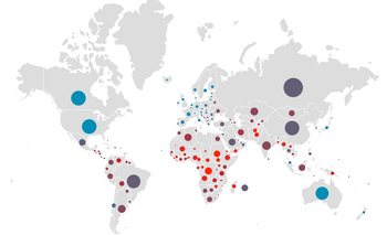 map of the world showing the countries with the highest risk levels marked in bright red