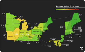 Map showing Pinkerton Crime Index scores for violent crime, United States northeast region.