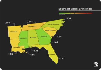Map showing Pinkerton Crime Index scores for violent crime, United States southeast region.