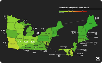 Map showing Pinkerton Crime Index scores for property crime, United States northeast region.