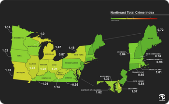 Map showing Pinkerton Crime Index scores for total crime, United States northeast region.