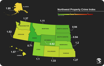 Map showing Pinkerton Crime Index scores for property crime, United States northwest region.