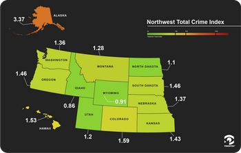 Map showing Pinkerton Crime Index scores for total crime, United States northwest region.