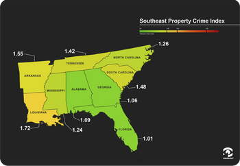 Map showing Pinkerton Crime Index scores for property crime, United States southeast region.