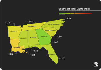 Map showing Pinkerton Crime Index scores for total crime, United States southeast region.