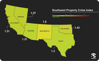 Map showing Pinkerton Crime Index scores for property crime, United States southwest region.