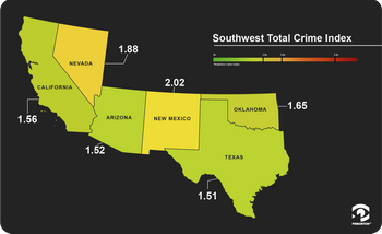 Map showing Pinkerton Crime Index scores for total crime, United States southwest region.