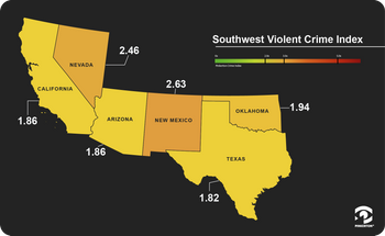 Map showing Pinkerton Crime Index scores for violent crime, United States southwest region.